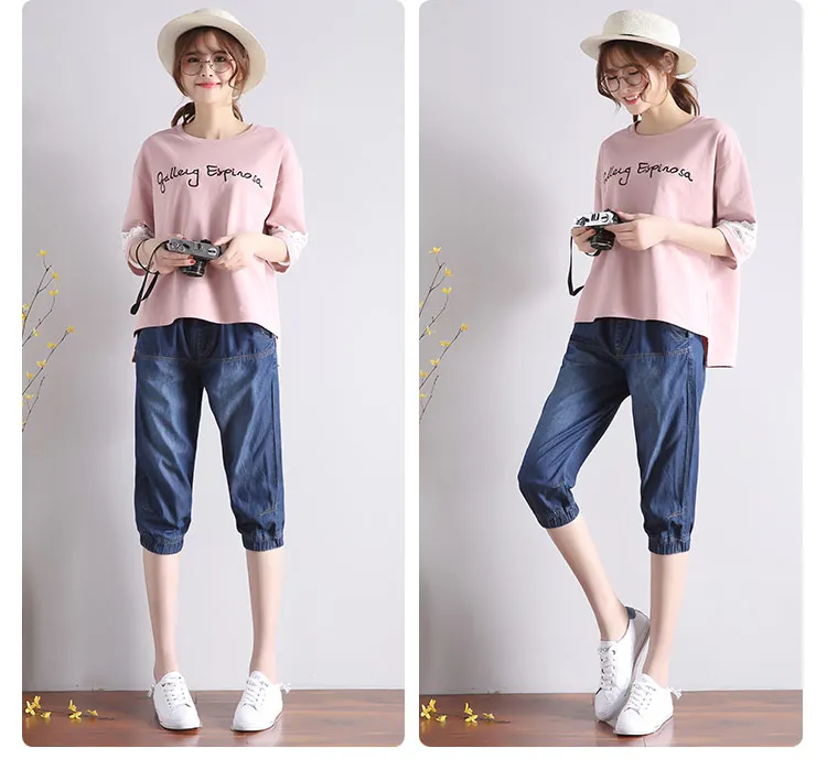 Новые летние брюки для беременных с эластичным поясом джинсовые Капри короткие |