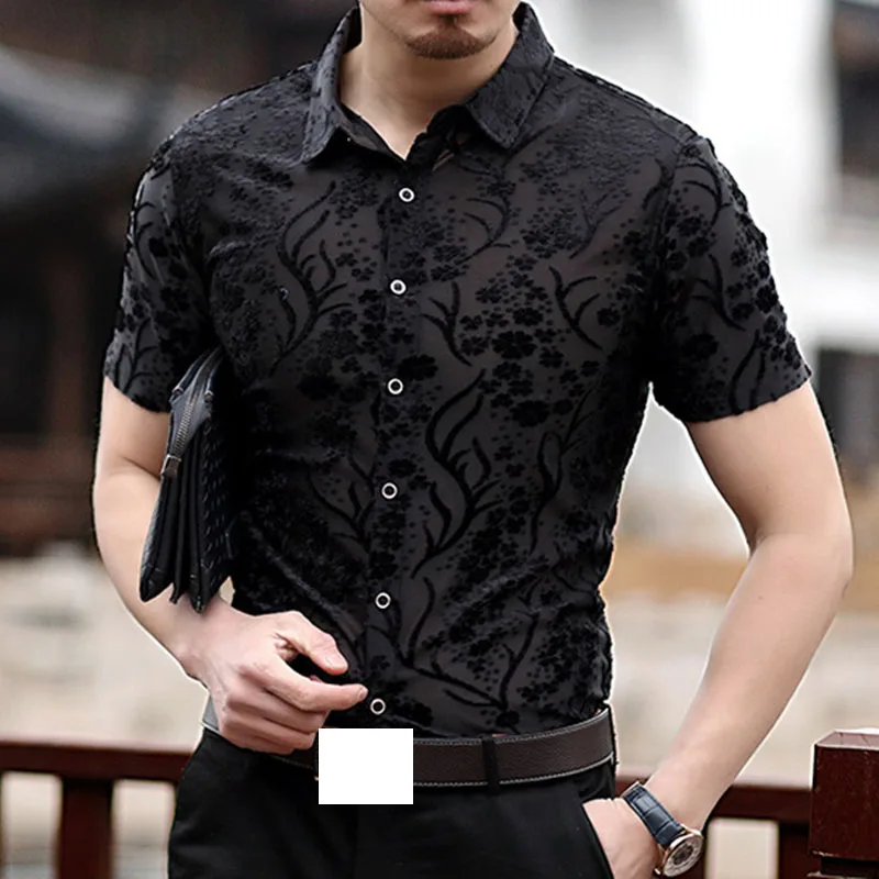 Мужская прозрачная рубашка с вышивкой новинка 2018 Сексуальная кружевная для