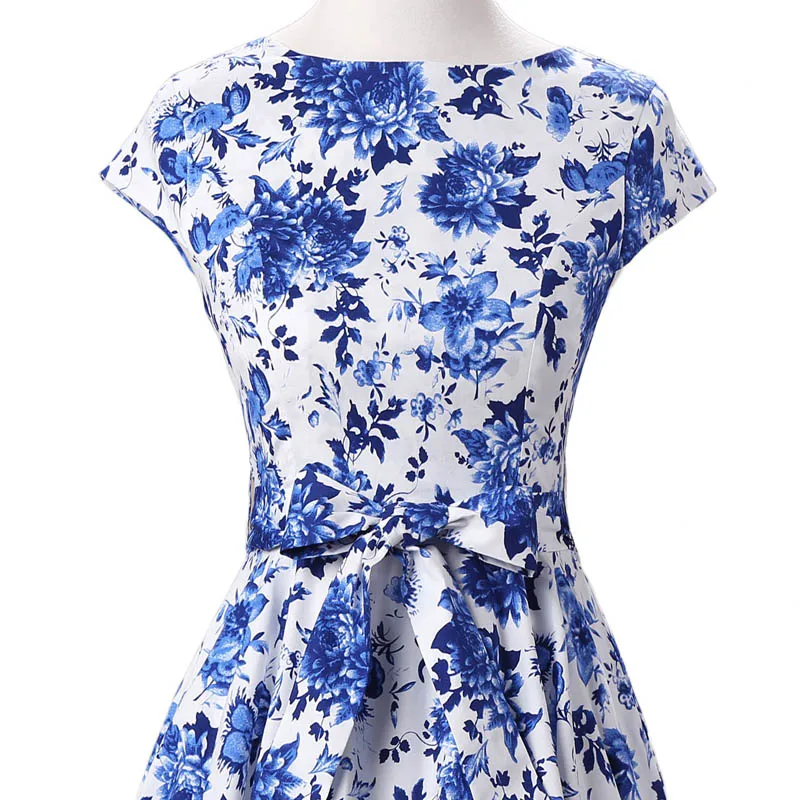 Женское винтажное платье JLI MAY летнее голубое и белое с цветочным принтом