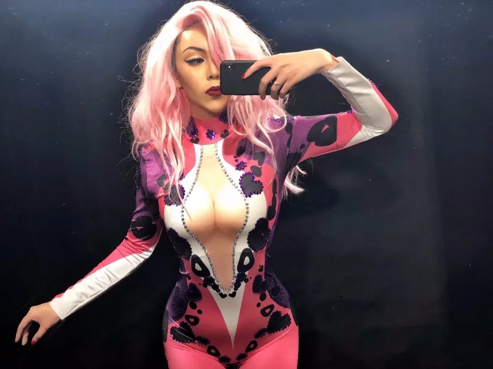 Women Sexy Nightclub Costumes for Singer Red 3D Printed Black Flower Sparkling Crystals Bodysuit Custom-Made | Тематическая одежда