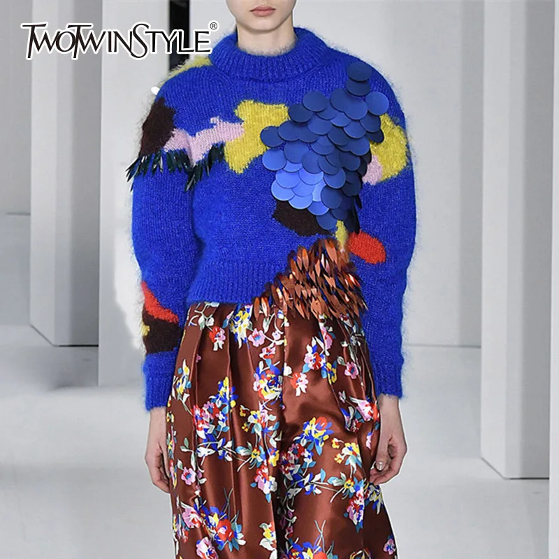 TWOTWINSTYLE Женский вязаный свитер с принтом и блестками кисточками в стиле пэчворк
