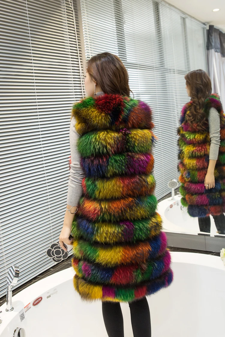 Женский Длинный жилет из натурального меха енота разноцветная верхняя одежда