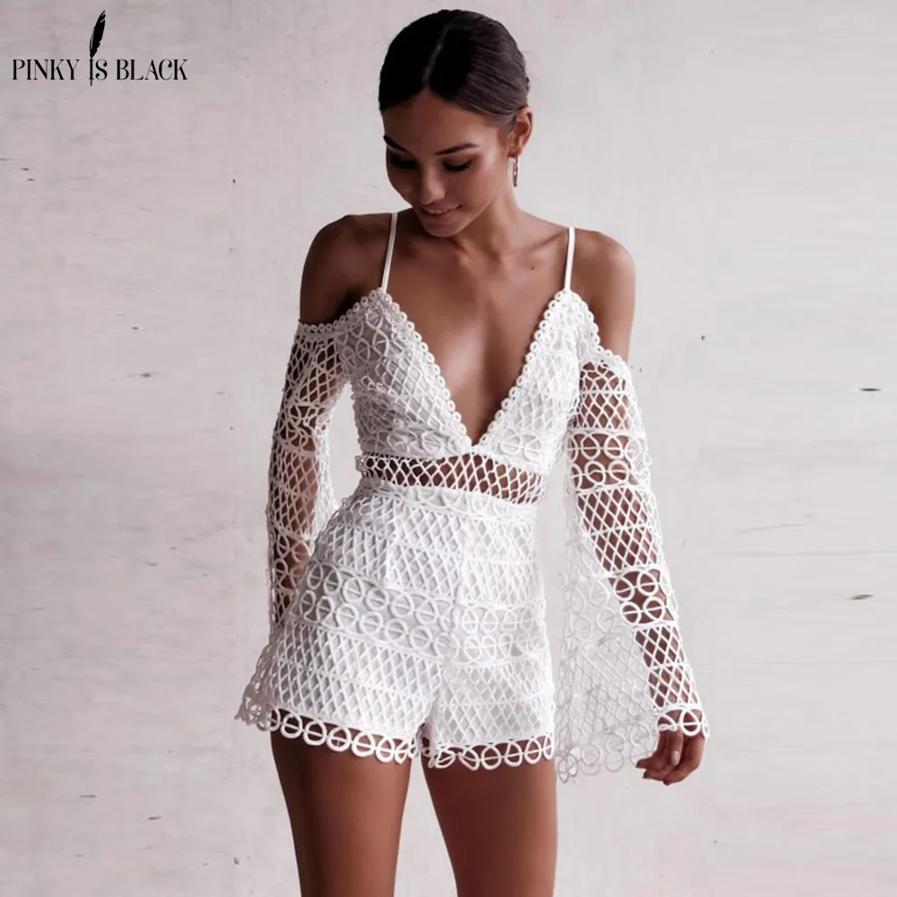 PinkyIsBlack 2019 белый кружевной открытый комбинезон женский летний сексуальный
