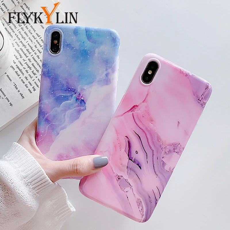 FLYKYLIN Purple Pink Marble Case For iphone 8 Plus 7 6 S 6S X XS Max XR Back Cover Glossy Soft IMD Silicon Phone Coque Cute Capa |