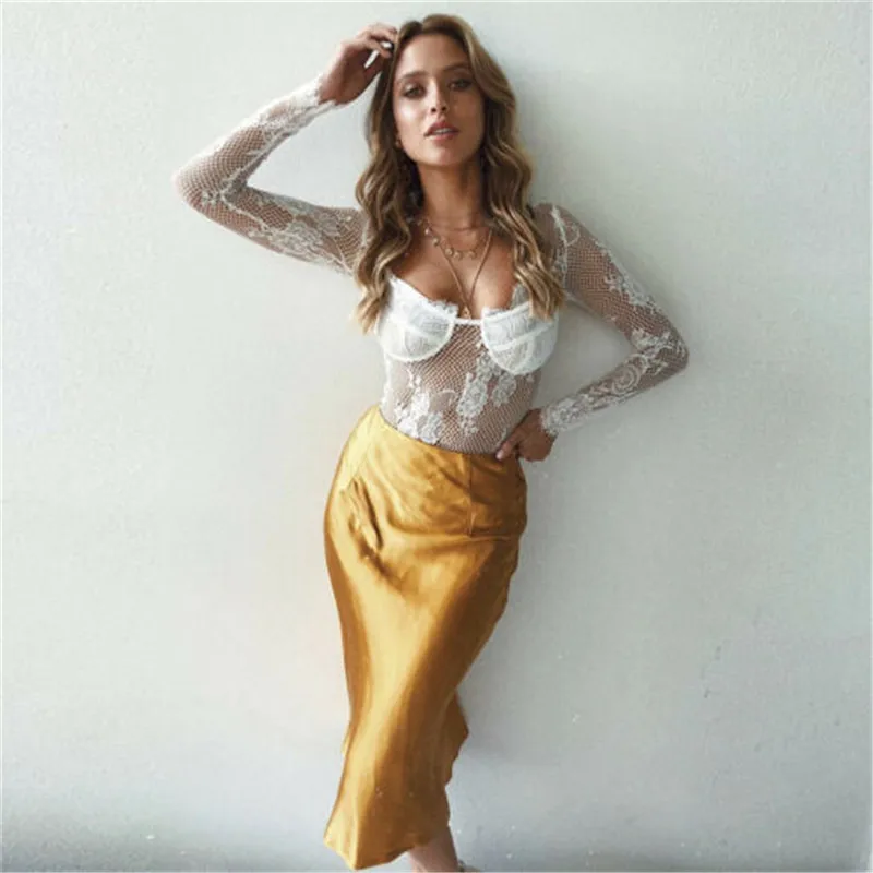 

Sexy Ladies long sleeve v neck lace Crochet Hollow Bodysuit mesh See-through Shorts Jumpsuit G String sleepwear Rompers