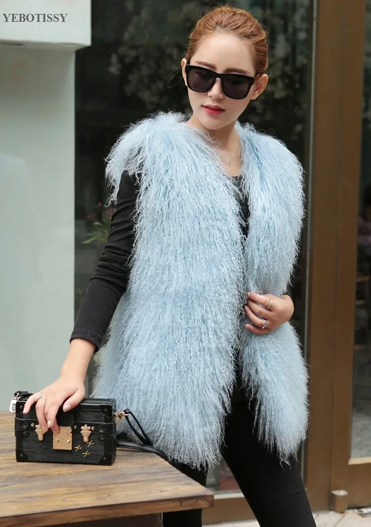 Натуральный жилет на натуральном меху, жилет из овечьего меха, Новое поступление, монгольский жилет из овечьего меха, натуральная тибетская Женская Толстая зимняя верхняя одежда, пальто - Цвет: light blue
