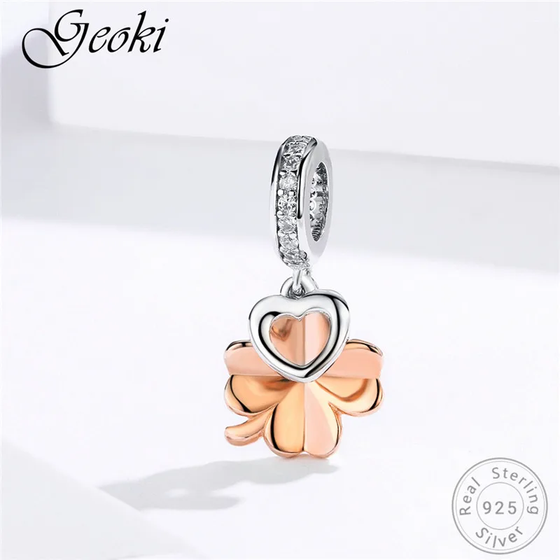 Geoki 925 пробы серебро четыре листа клевера талисманы fit Pandora браслет S925 розовое золото сердце цветок бусины для ювелирных изделий