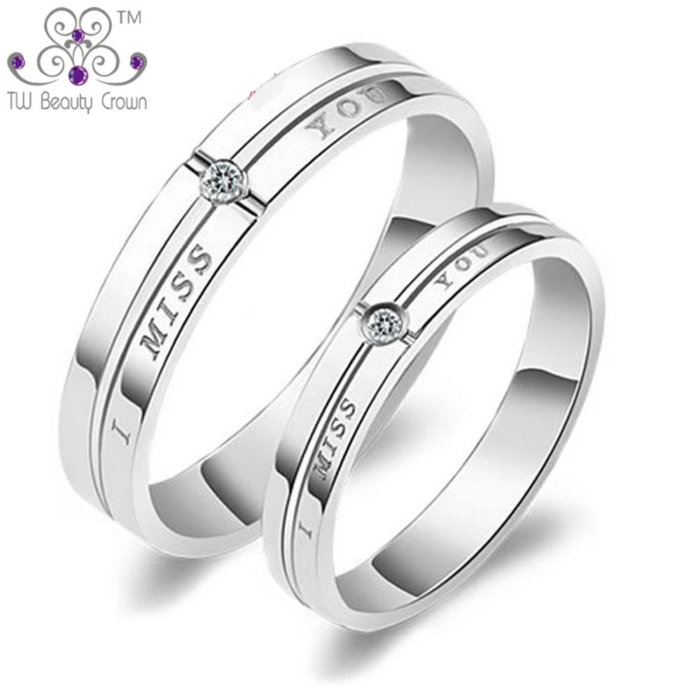 

Real 925 Sterling Silver Simple Design Carved Letter Miss You White Cubic Zirconia Lovers Unisex Ring Woman Man Wedding Jewelry