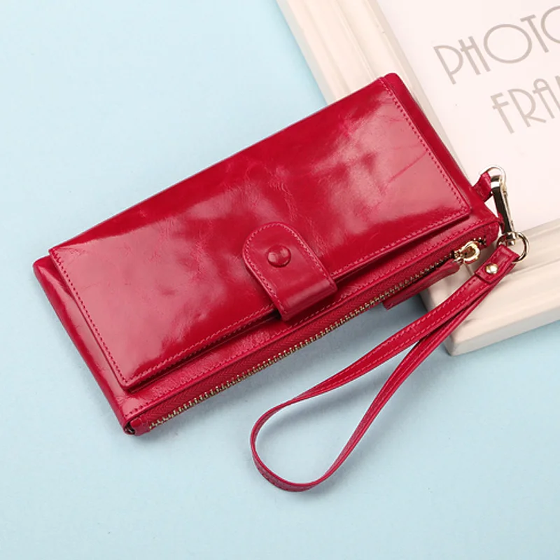Best Quality! Women Oil Wax Genuine Cowhide Leather Long Zipper Wallet Lady Fashion Clutch Purse Bag With Strap 7 colors 2153|long zipper