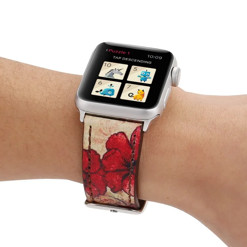 Цветочный принт кожаный ремешок для наручных часов Apple Watch, ремешок 42/44 мм 38/40 мм, Версия 1, 2 3 4 Ретро штамп музыкальная нота Напульсники для наручных часов iWatch