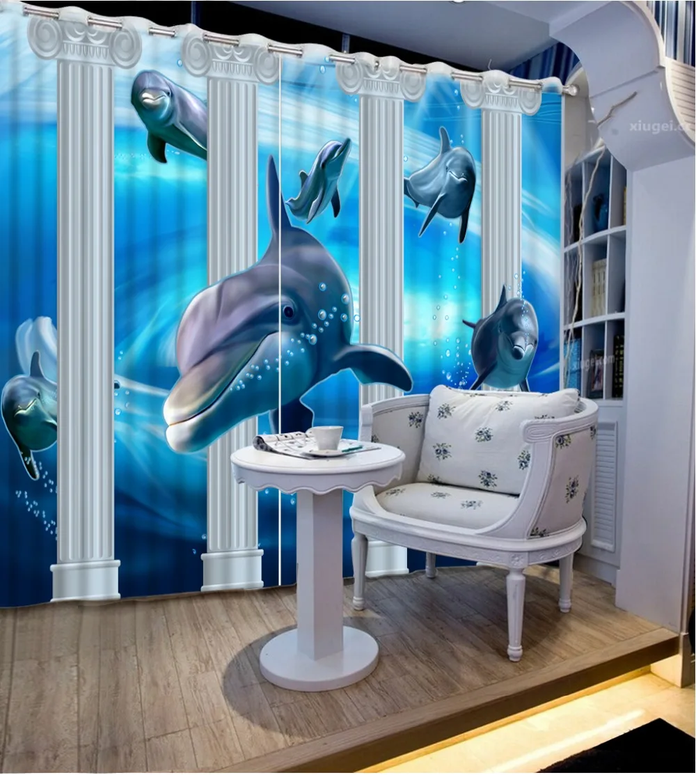 

Занавески на заказ домашний декор, подводный мир, шторы с дельфином для гостиной, спальни, занавески для детской комнаты, светонепроницаемые шторы