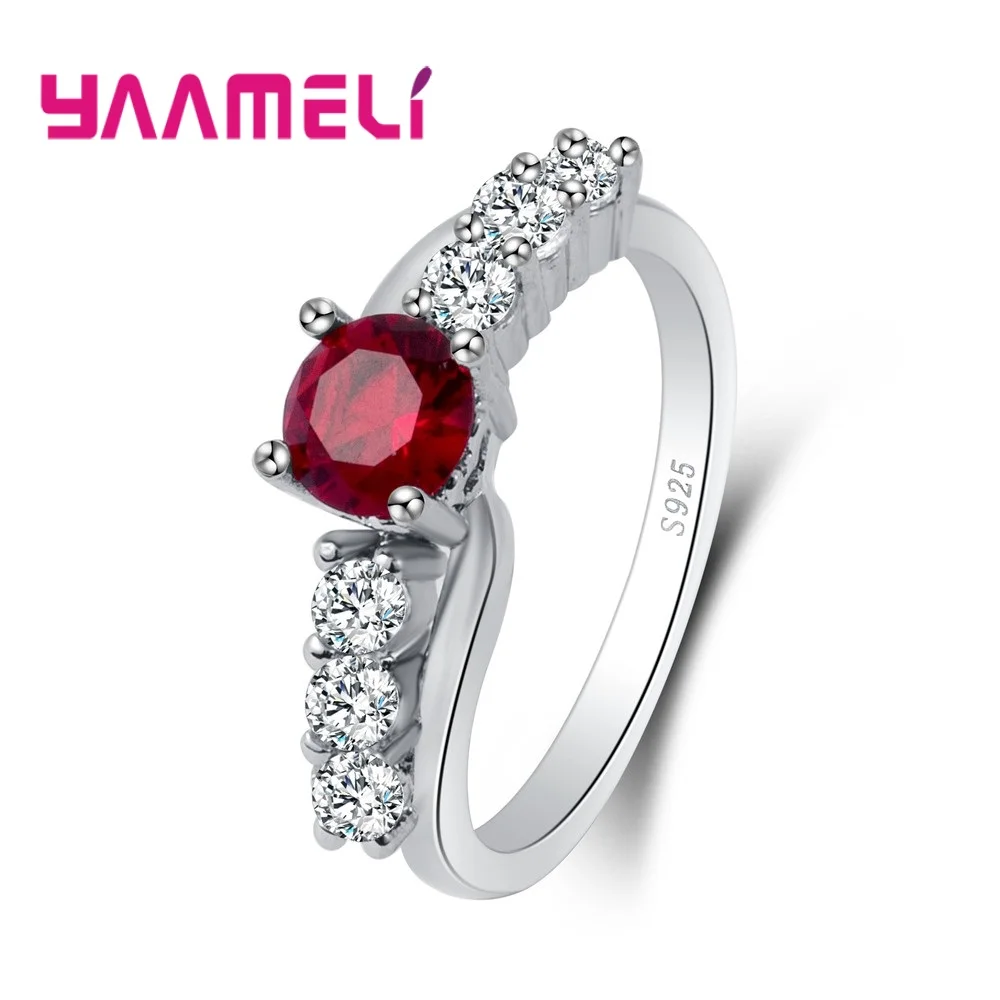 

925 Sterling Silver Red Good Selling Round Crystal Finger Rings For Women Female Jewelry High Quality Cubic Zirconia