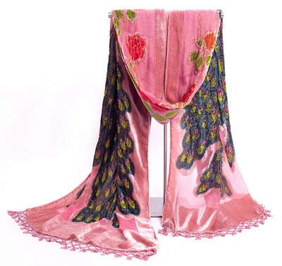 Hot pink Новые винно-красные женские бархатные шелковые бисерные платки со стразами винтажные шарфы ручной работы с вышивкой шарф с принтом Павлин 112311 - Цвет: Hot pink