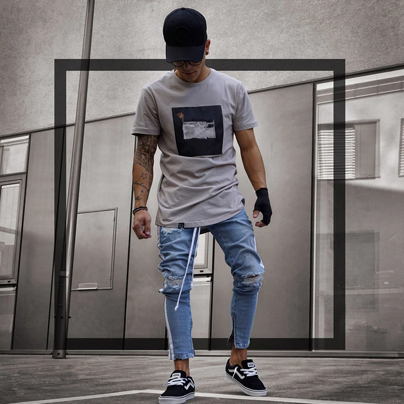 Men's Side Stripe Hip Hop Blue Distressed Jeans Drawstring Elastic Waist Ripped Ankle Length with Zipper Pencil Pants | Мужская