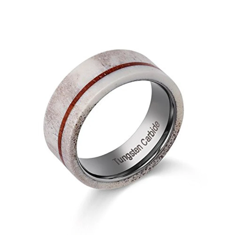 

2018 New Design 8mm Width Man's Wedding Tungsten Rings with Real Deer Antler and Thin Stripe Koa Wood for Hunting Rings 7-11