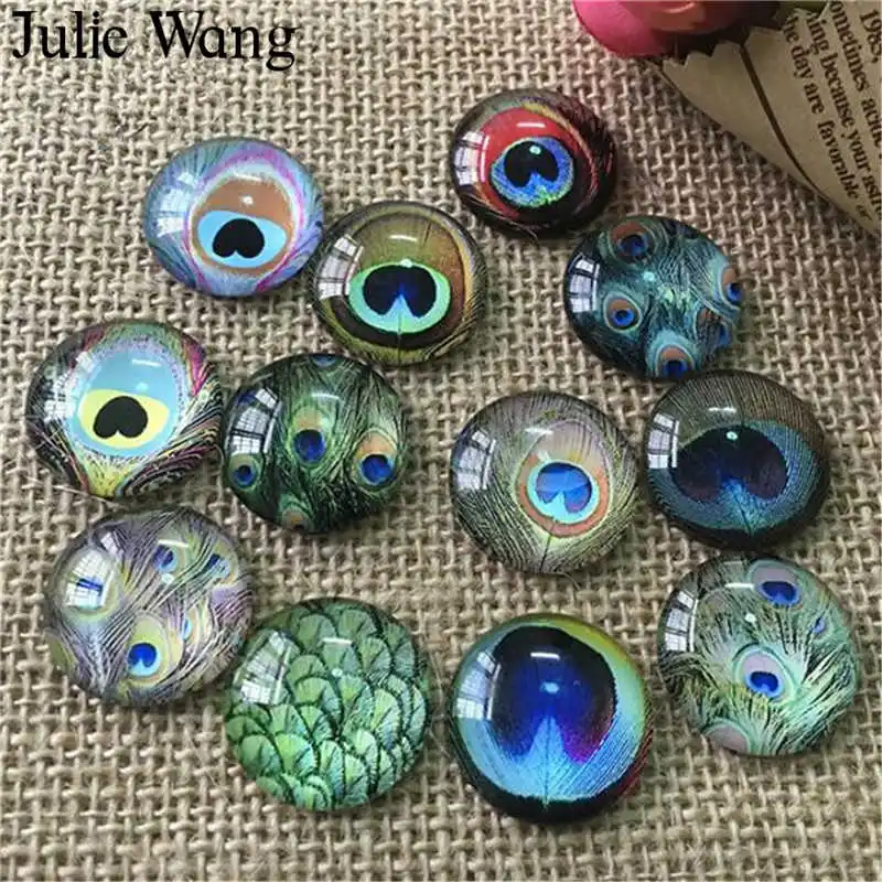 Julie Wang 50PCS 8-15mm Peacock Feather Mixed Cabochons Glass Flatback Necklace Bracelet Jewelry Making Accessory | Украшения и