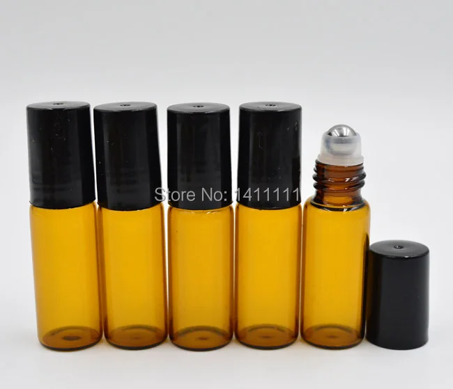 1000 шт косметика парфюмерия диспенсер 5 мл 1/6oz надевание крышки сверху Янтарный коричневый ароматный стеклянный бутылок эфирное масло, металлическая шариковая ароматерапия бутылка