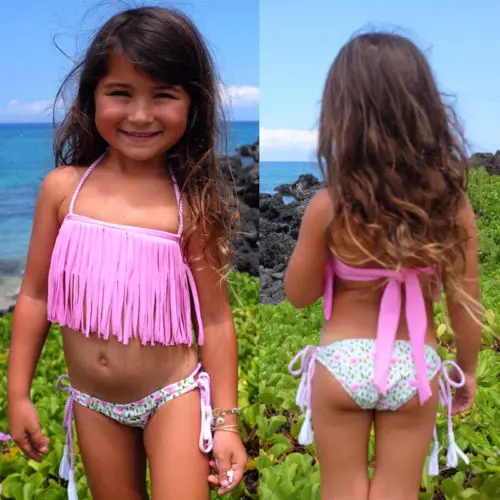 Детский купальник с кисточками для маленьких девочек 2 предмета открытой спиной