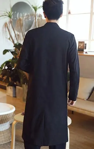 Мужской костюм танга из хлопка и льна черный с вышивкой журавль для боевых