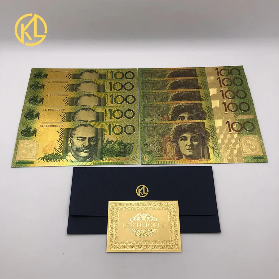 

10 pcs/lot Colorful Australia Gold Banknote New AUD 100 Banknote Gold Plated Gold Foil Banknote Currency Collection