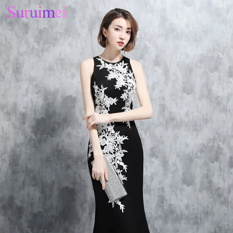 

Real Photo Black Evening Dresses White Applique Off The Shoulder Sheer Illusion Back See Through Mermaid Sexy Evening Gown