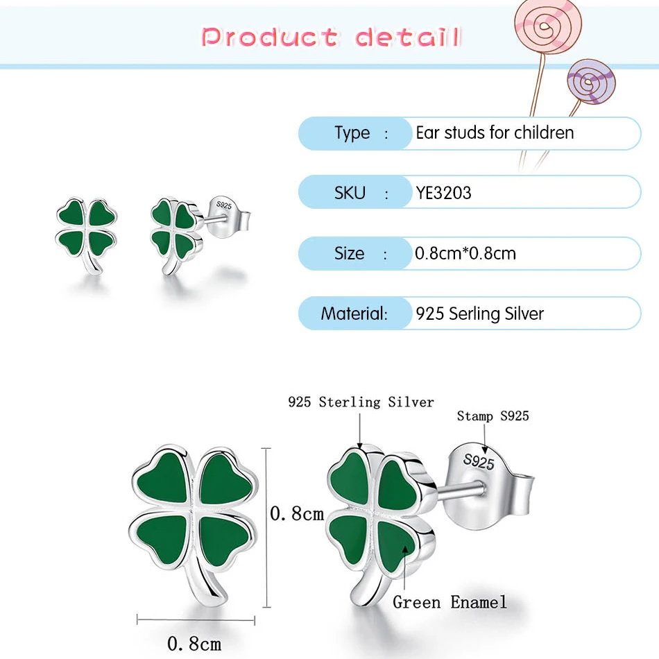 FOREWE Настоящее серебро 925 пробы серьги гвоздики Lucky Clover для женщин и девочек
