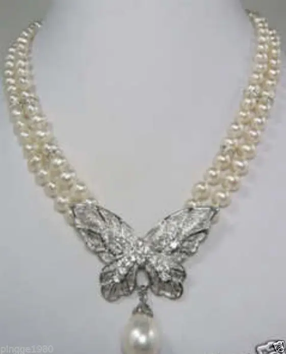 

new Style Hot sale****2 rows White Pearl butterfly pendant necklace Fashion Wedding Party Jewellery