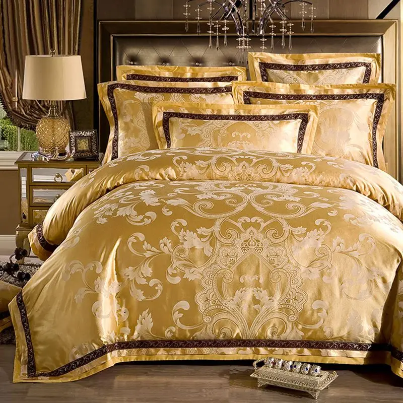 Роскошные жаккардовые шелковые постельные наборы King queen Размер 4/6 шт. золото