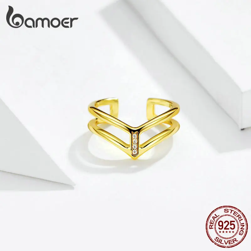 bamoer V shape Double Layer Finger Ring for Women 925 Sterling Silver Gold Color Fashion Korean Style Jewelry BSR040