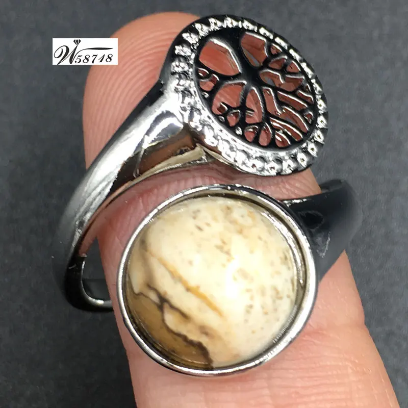 Picture Jaspe MC7606 Тигровый глаз лазурит авантюрин Howlite Кристалл Jaspe Синий Песок Сердолик круглое дерево художественное кольцо 7~ 1"(США) Регулировка WB689 - Цвет основного камня: Picture Jaspe MC7606