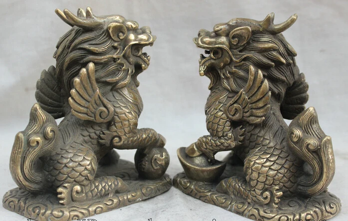 SCY S0524 5 &quotКитай Китайский Фэншуй медный Дракон Yuanbao Kylin Chi-lin Qilin Статуя Пара | Дом и