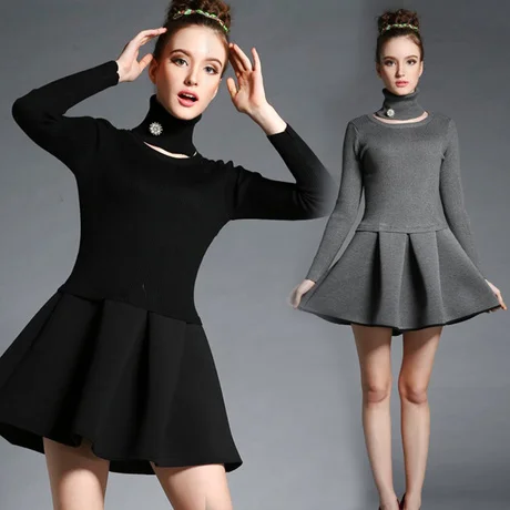 Платье Fit и вспышки воротник хомут длинный рукав осень зима женщины пространство