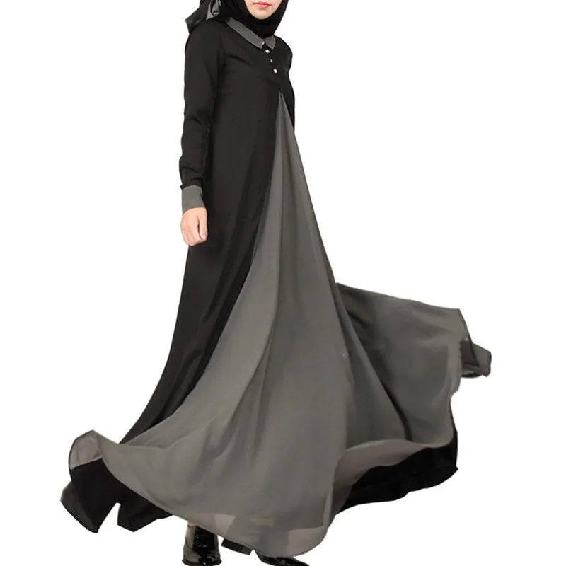 NEW Women Long Sleeve Evening Maxi Dress Color Block Muslim Chiffom Abaya Kaftan Islamic Jilbab Robe Dubai Gowns D967 - Цвет: Черный