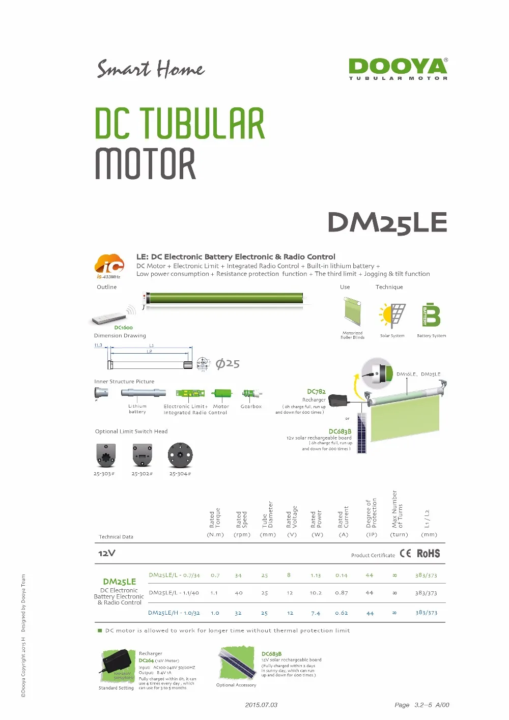 Dooya трубчатый двигатель DM25LE/L 1.1N/40 с одним каналом/15 каналом 38 мм литиевой батареи