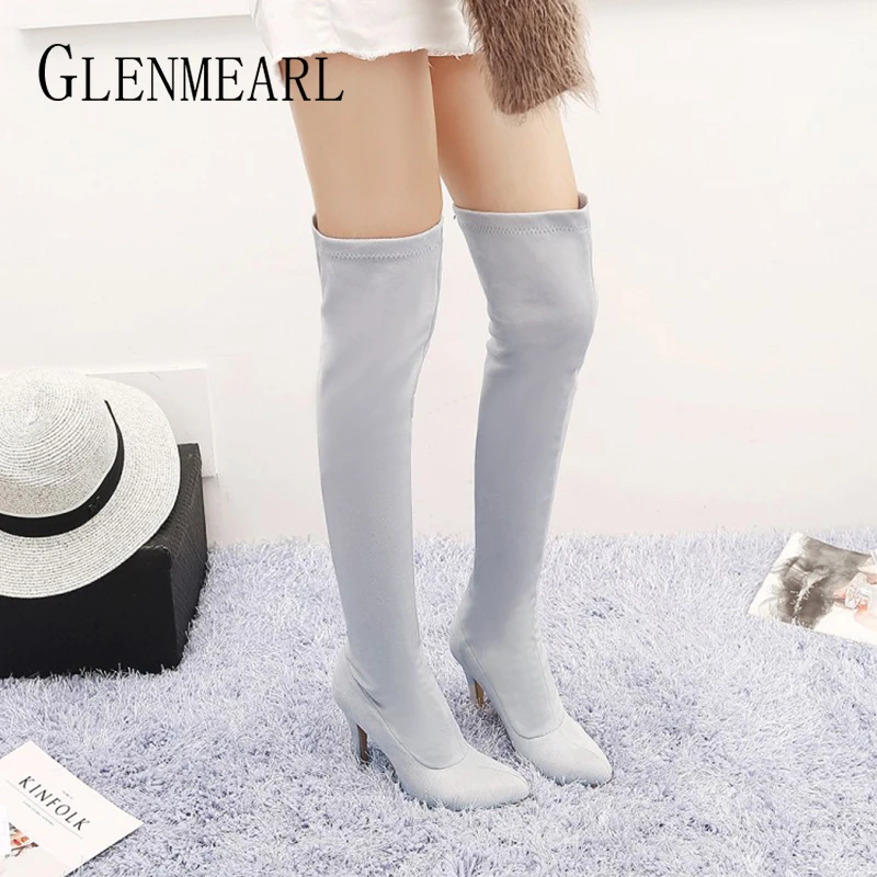 Женские сапоги выше колена Зимняя обувь Высокие на высоком каблуке с острым