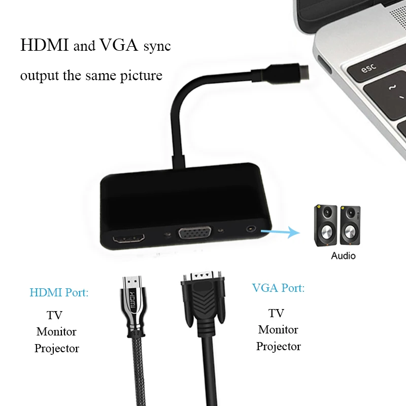 5 шт. 4K 3 в 1 USB C Type к HDMI VGA Аудио концентратор адаптер кабель 0 с мм для