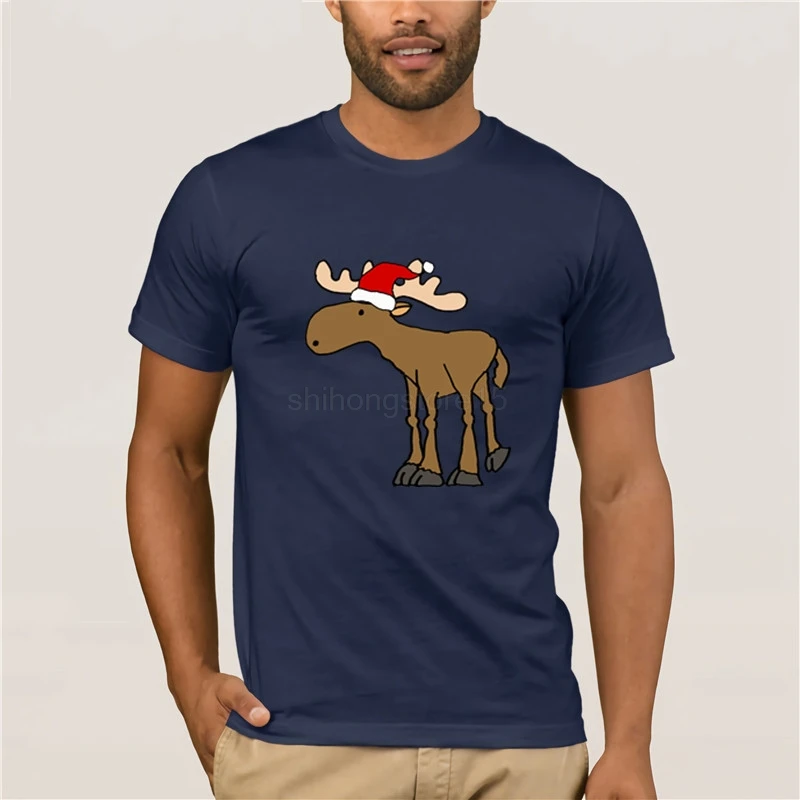 New Fashion T-shirt Men's Clothing Cute Moose wearing Santa hat Christmas Design T-Shirt Merry | Мужская одежда