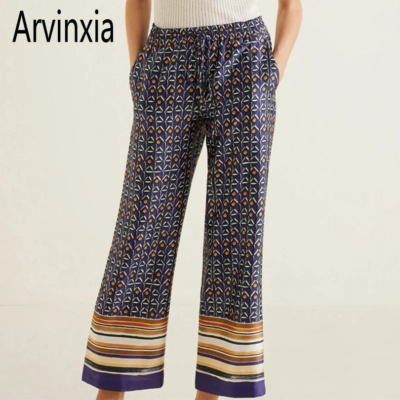 Arvinxia Fashion Loose Wide Leg Lace Up Woman Pants New Geometric Printed Women Trousers Vintage Drawstring Bow Tie Ladies | Женская