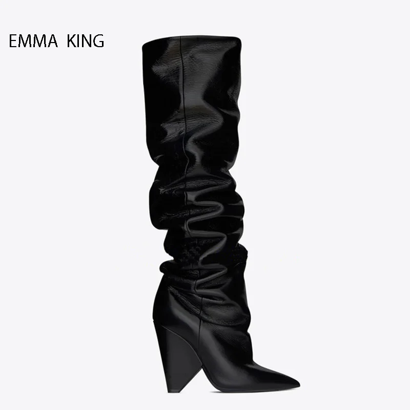 Сезон осень-зима; модные однотонные сапоги до колена на шпильках; Zapatos De Mujer; обувь на высоком каблуке с острым носком; женская обувь с высоким голенищем