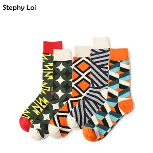 Мужские хлопковые носки в полоску Happy Sox, повседневные дизайнерские носки в британском стиле хип-хоп с узором ромбиками, Harajuku