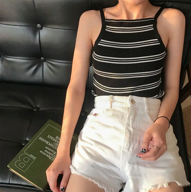 black stripe Вязанные полосатые топы, женские трикотажные топы, эластичная укороченная майка без рукавов, тонкие короткие футболки для женщин, лето - Цвет: black stripe