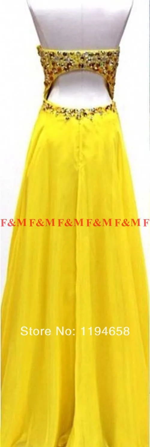 2014 New Fashion Elegant Chiffon Sweetheart Beaded Floor Length Evening Dress Long Yellow Prom With Open Back F&ampM958 | Свадьбы и