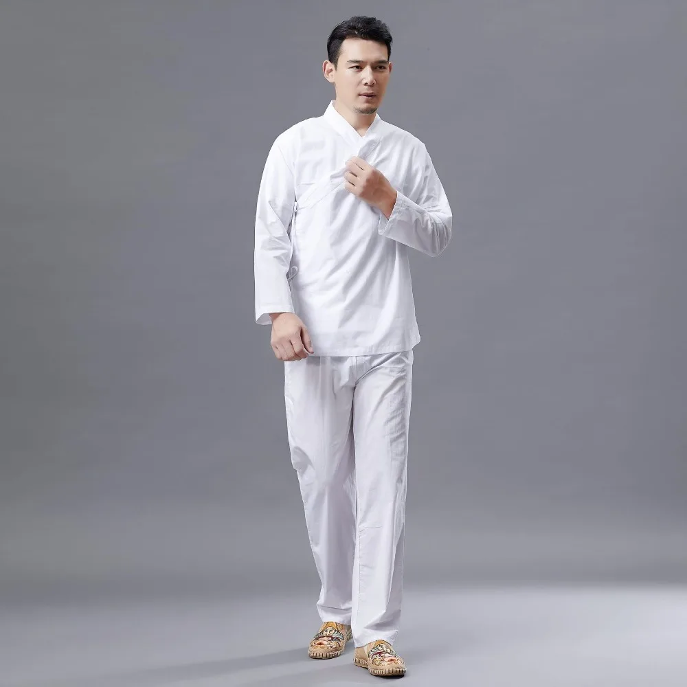 

Retro Chinese style hemp cotton men's White improved Han suits men's clothing long sleeves creative style Linen Jacket + Pant