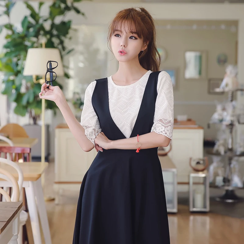 Women Sets lace t shirt and sling long skirt twinset 2018 summer sweet Korean fashion women strap dress two-piece drop shipping | Женская
