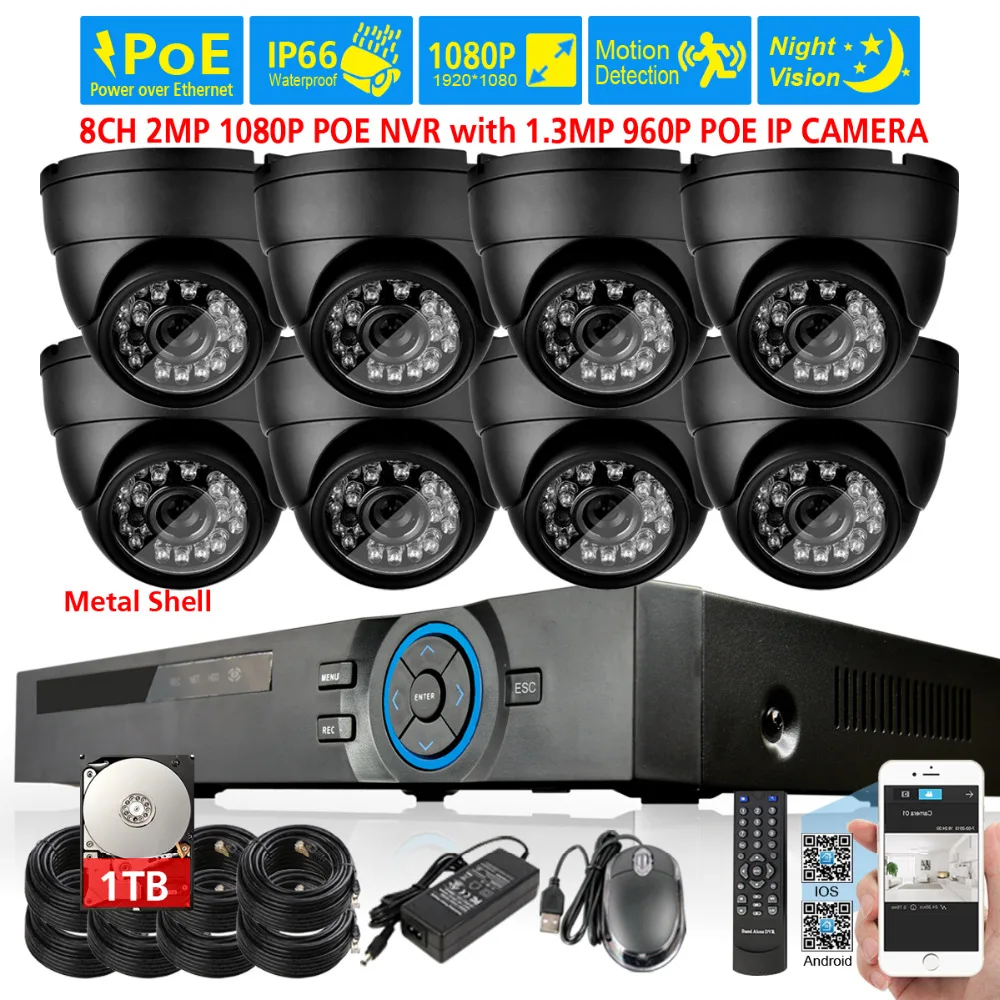 CCTV NVR Системы 8ch 48 В PoE 2mp 1080 P с 8 шт. 4x1.3 Мп 1280X960 в/Открытый всепогодный POE IP Камера