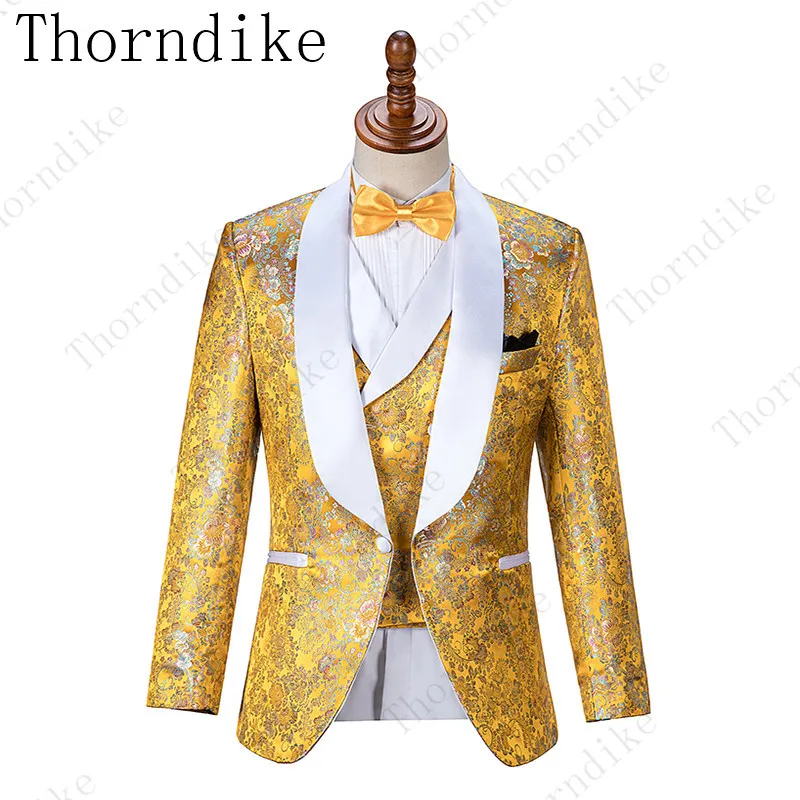 Yellow Jacquard Shine Men Formal Tuxedos Suits For Weddings Business Double-Breasted Shawl Lapel Best Groom Mens Custom Made | Мужская