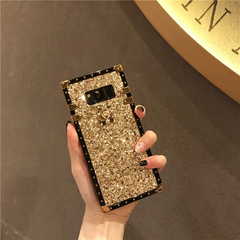 Gold YHBBCASES, Модный Золотой квадратный чехол с заклепками для samsung Galaxy S10 S8 S9 Plus, Роскошные блестящие порошки, чехлы для samsung Note 10 8 9 - Цвет: Gold