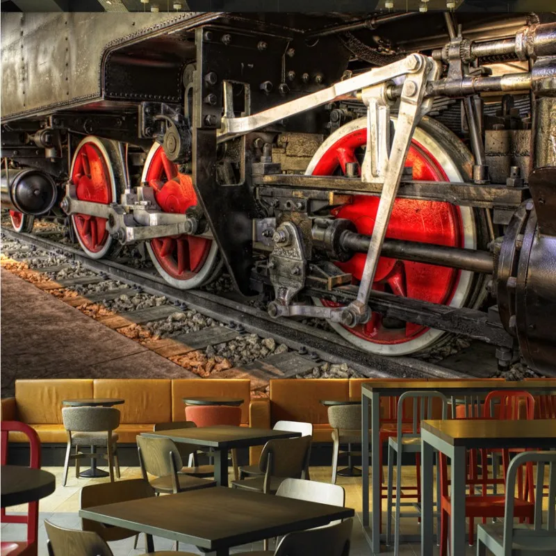 Фото обои ретро Ностальгический черный белый паровой поезд росписи на заказ кафе