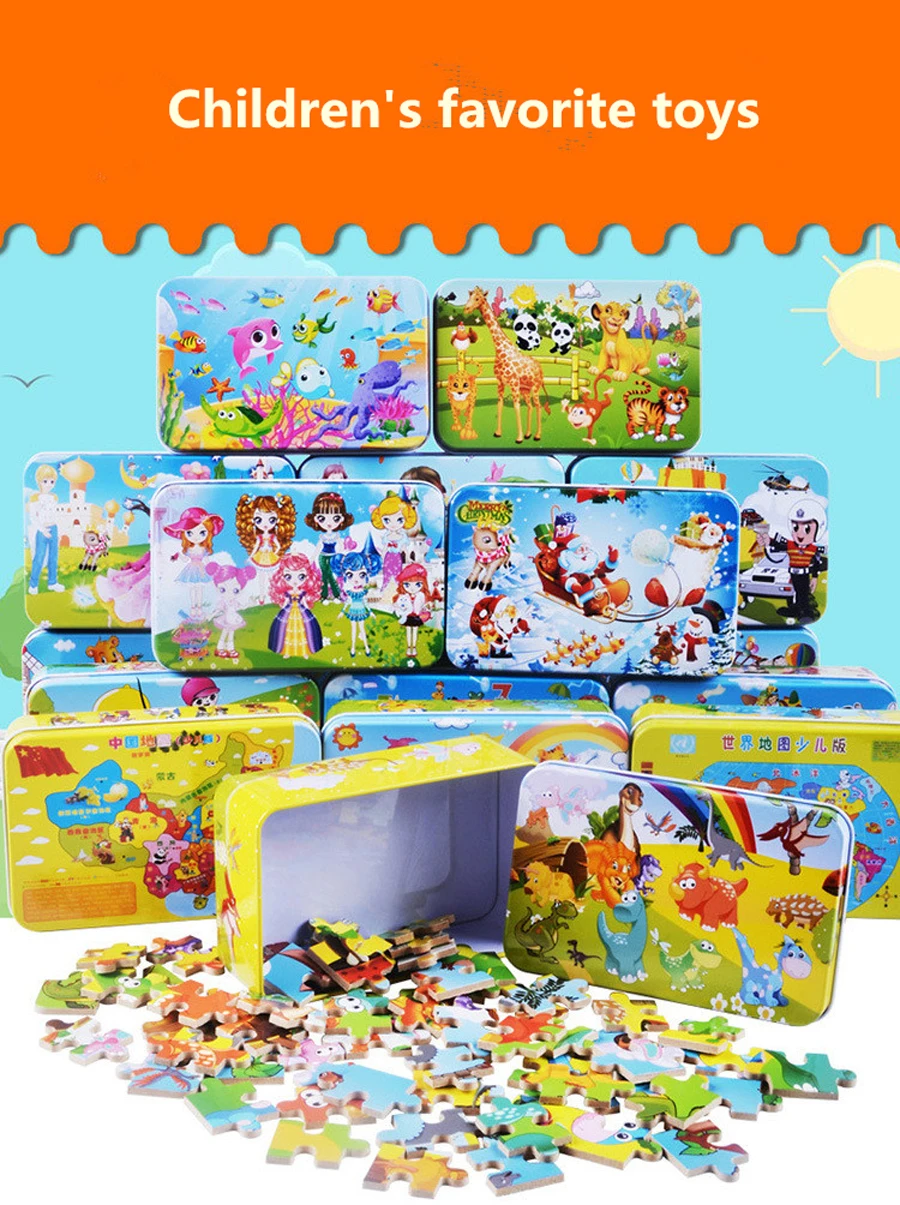 60 Pieces Puzzle Wooden Toys Cartoon Animal Wood Puzzles with Iron Box Kids Baby Early Educational Learning Toys for Children