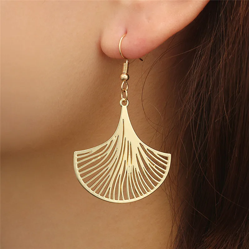 Vintage Big Plant Leaf Pendant Earring Jewelry Hollow Out Ginkgo Biloba Popular Gold Gift For Women | Украшения и аксессуары